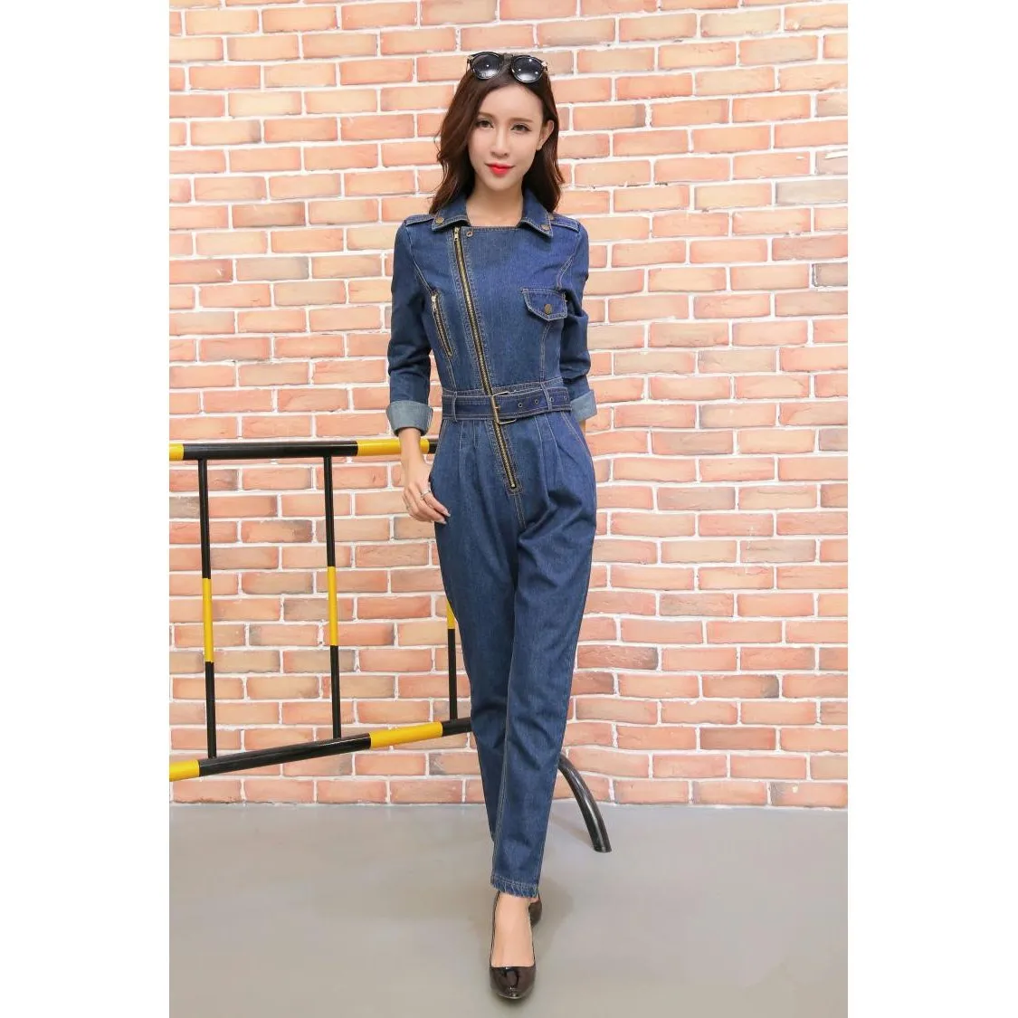 belt denim jumpsuit