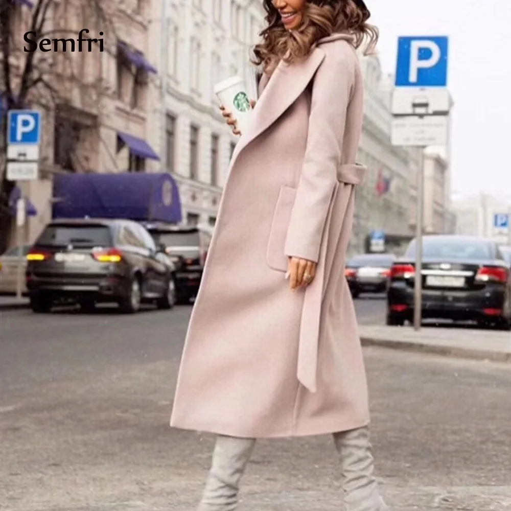 Зимнее пальто для женщин, элегантная Длинная женская куртка с лацканами и 2 карманами, пальто с поясом, однотонная ветровка, женская теплая верхняя одежда