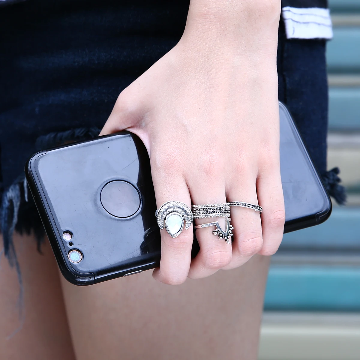 4PCS/Set Vintage Boho Women White Turquoise Silver Knuckle Ring Jewerly