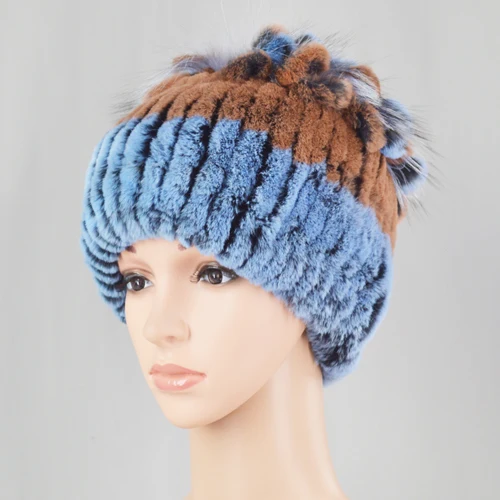 blue and brown Новые русские повседневные полосатые женские шапки из кроличьего меха Рекс зимние вязаные женские шапки из кроличьего меха Рекс верхние цветы натуральная шапка из кроличьего меха Рекс - Цвет: blue and brown