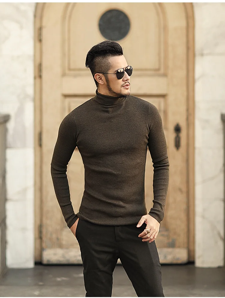 Мужской осенне-зимний черный шерстяной свитер с высоким воротом, облегающий Одноцветный мужской вязаный кашемировый Европейский стиль, модные Новые пуловеры J701