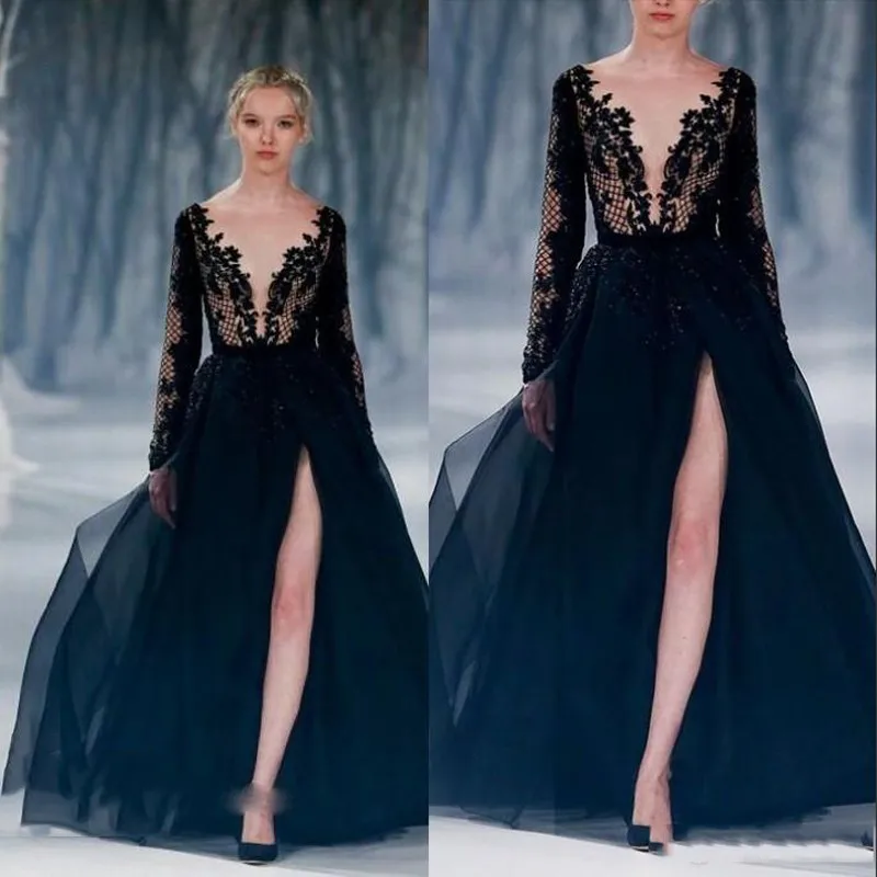 Paolo Sebastian 2016 Autumn Winter Couture Runway Evening Dresses Sexy Deep V Neck Long Sleeve A Line Floor Length Lace Prom Dresses (1)