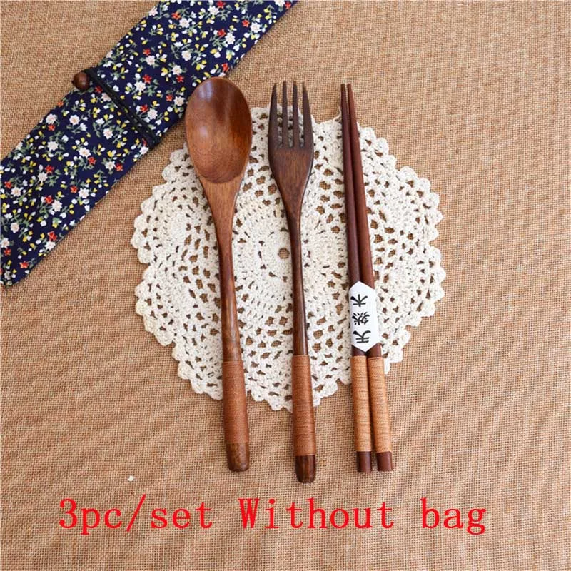 Wood Portable Tableware Travel Dinnerware Suit Wooden Cutlery Sets Environmental with Cloth Pack Gift - Цвет: coffee