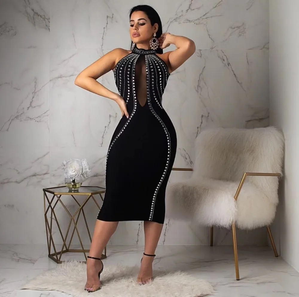 

High Quality Black Sleeveless Backless Beading Knee Length Rayon Bandage Dress Homecoming Party Dress