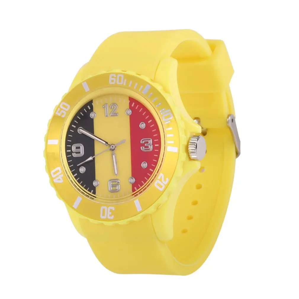 

Belgian Flag Pattern Quartz Watches Yellow Color Soft Silicone Strap Wristwatches For Women Men