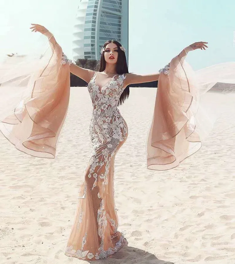 

2019 Sexy See Through Lace Mermaid Wedding Dress Boho Tulle Appliques Flare Sleeve Bridal Gowns Champagne Vestido de Noiva