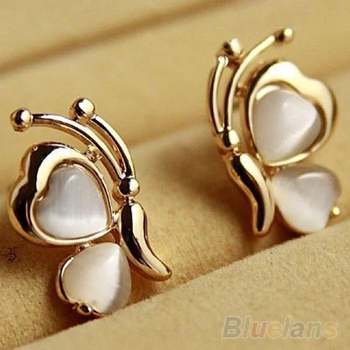 

Bluelans Charming 1 Pair Fashion Butterfly White Cat's Eye Opal Stone Ear Stud Earrings