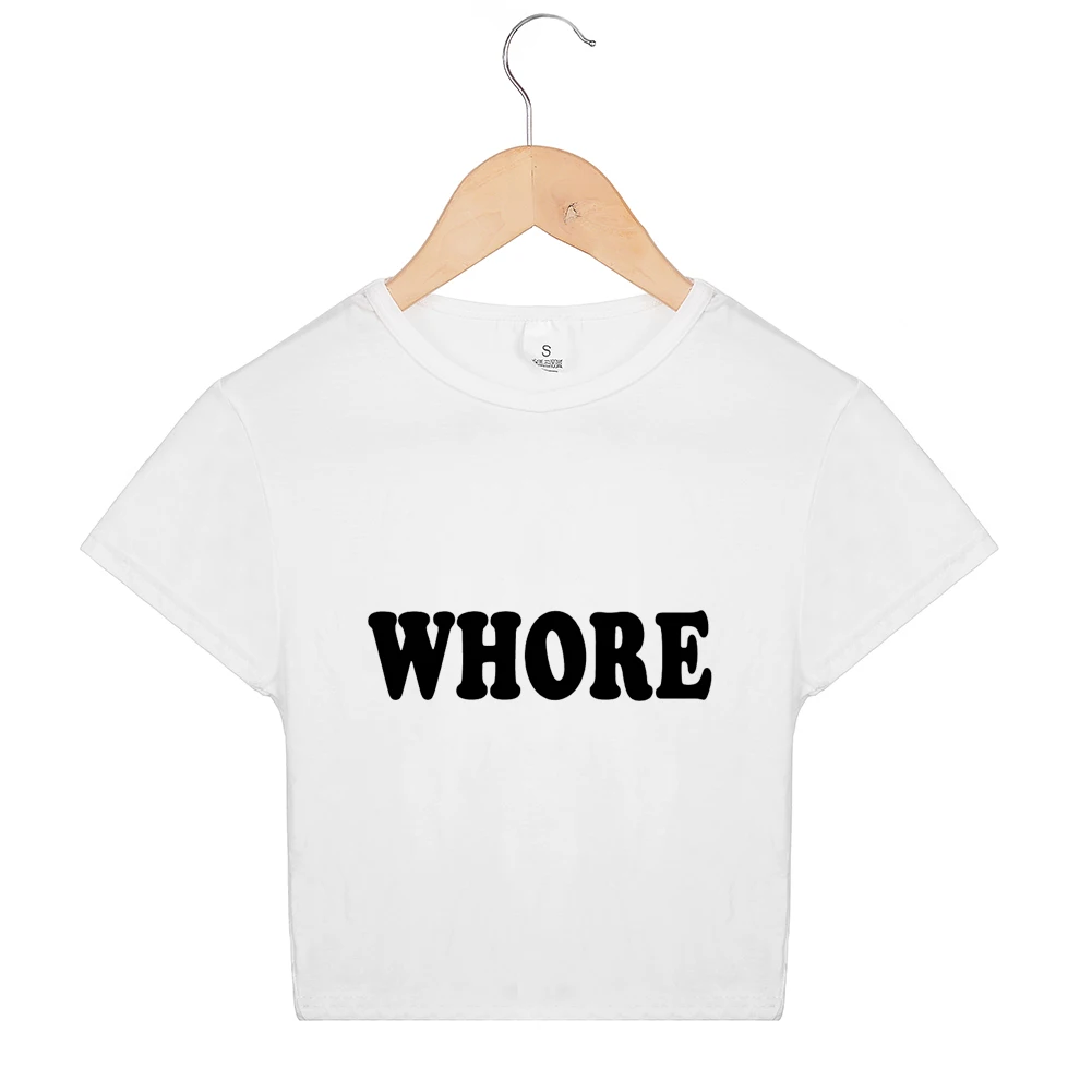 Женская Летняя короткая футболка с принтом в виде букв, сексуальная тонкая забавная укороченная футболка, хипстерские белые женские футболки с графикой