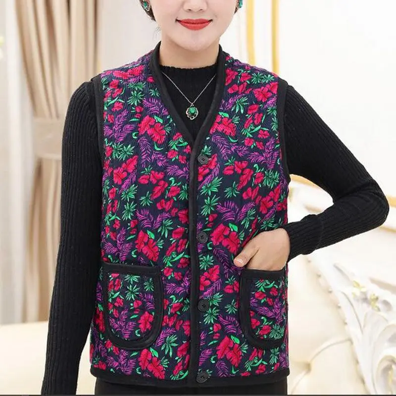 Middle aged Women's Winter Plus Thick Floral Printed Vest Elderly