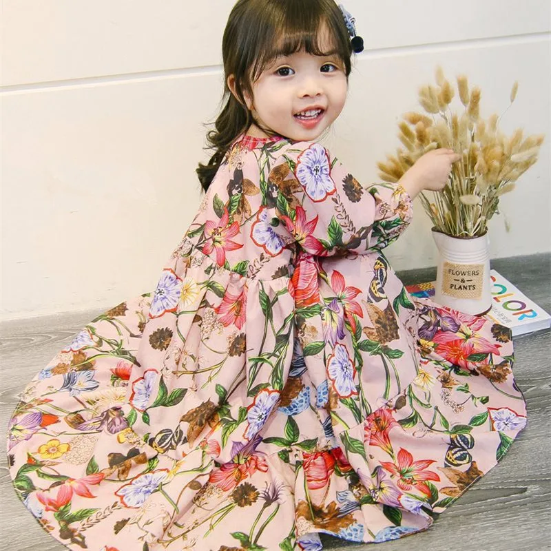 Богемные Милые Пляжные праздничные Платья с цветочным рисунком для девочек модное платье с пышными рукавами для девочек, Повседневные детские платья до щиколотки для девочек
