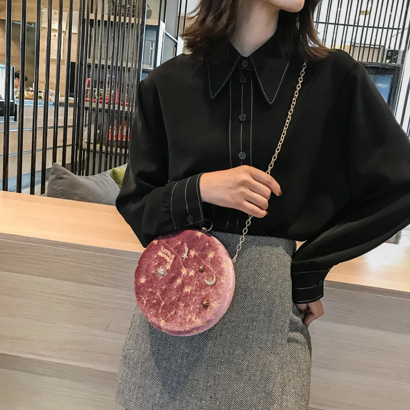 

Starry Sky Circular Fashion Suede Shoulder Bag Chain Belt Women'S Crossbody Messenger Bags Ladies Purse Female Round Handbag