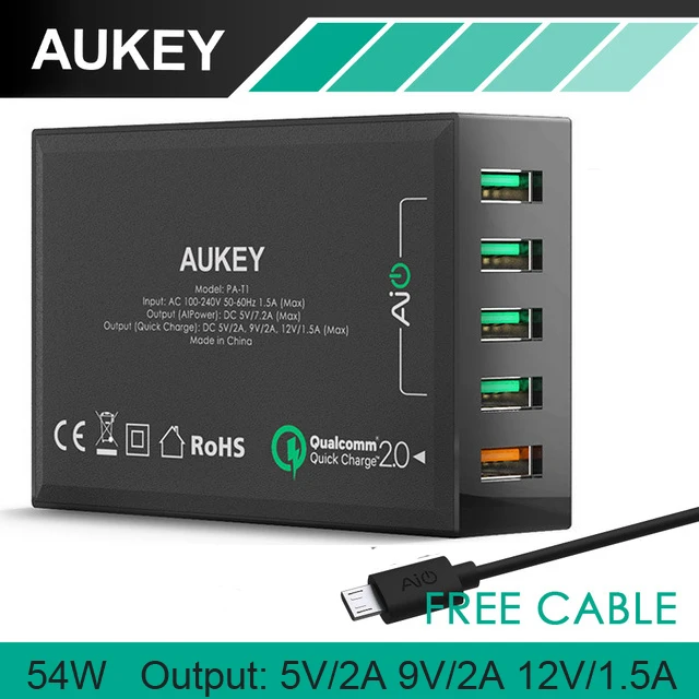 AUKEY USB Charger 5 Port 54W Quick Charge 2.0 Fast Mobile Phone Charger for iPhone Xs Max x 8 7