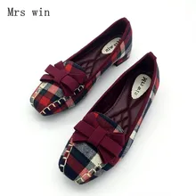 England Style Gingham Women Casual Loafers Spring Autumn Square Toe Bowtie Slip On Flats For Woman Ladies Single Shoes Plus Size