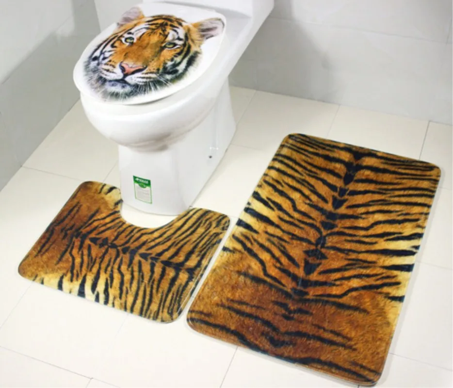 

3 pieces/Set Tiger Leopard Pattern Anti-silp Bath Mat Flannel Contour Rug Lid Toilet Cover Carpet Bathroom Set