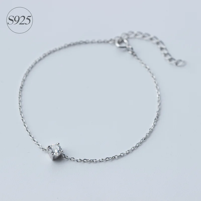 

LADY'S Simple Genuine 925 Sterling Silver jewelry Solitare PRONG Round CZ Stone chain bracelet adjustable LS106
