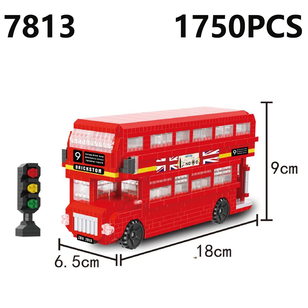 

London Double Decker Public Bus Red Car Vehicle Traffic Lights 3D Model DIY Diamond Mini Building Blocks Toy