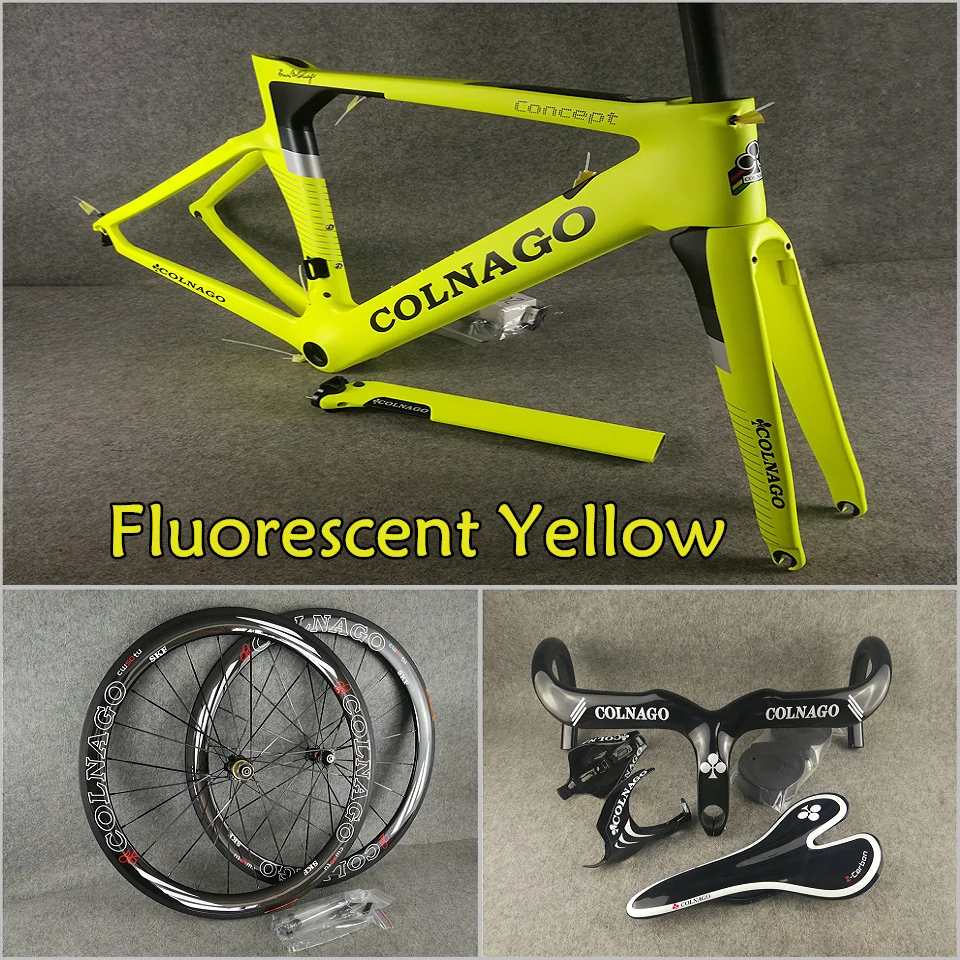 Perfect Fluorescent Yellow Colnago CONCEPT carbon road frames+Handlebar+Saddle+bottle cages 50mm carbon wheels Novatec A271 hubs 9