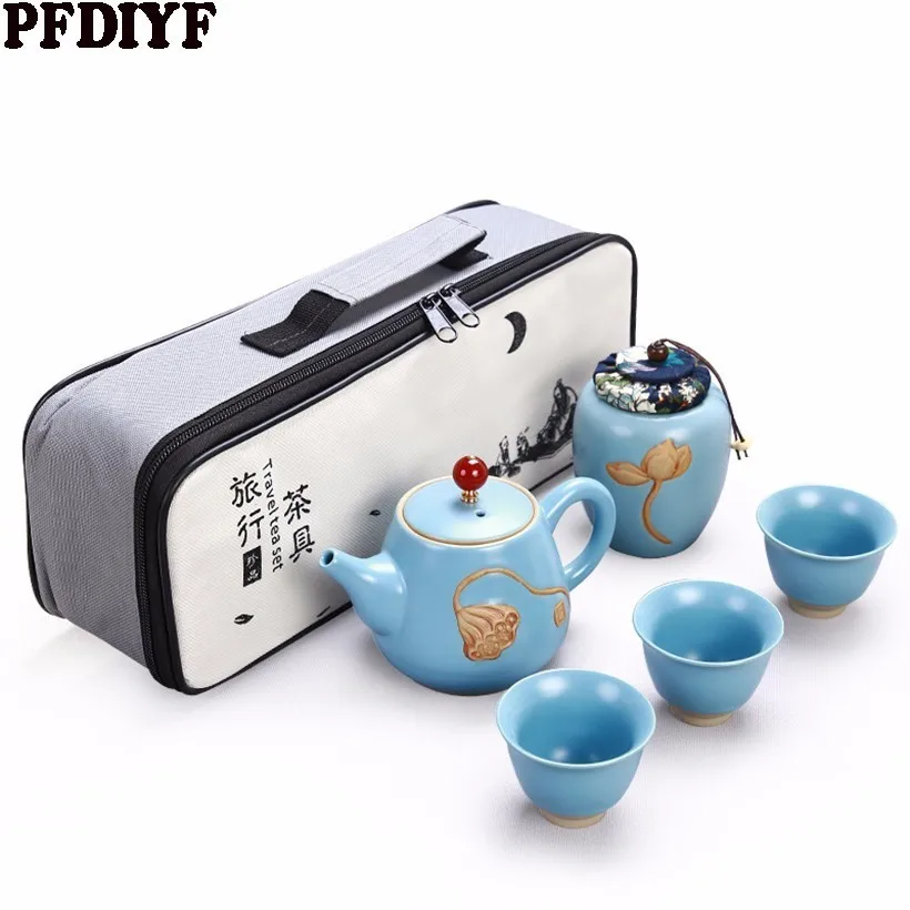 

Creative Ding Kiln Embossed Travel Ceramics Tea Set Kung Fu Cup Portable Beautiful Teaset With Tea Can and Travel Bag New