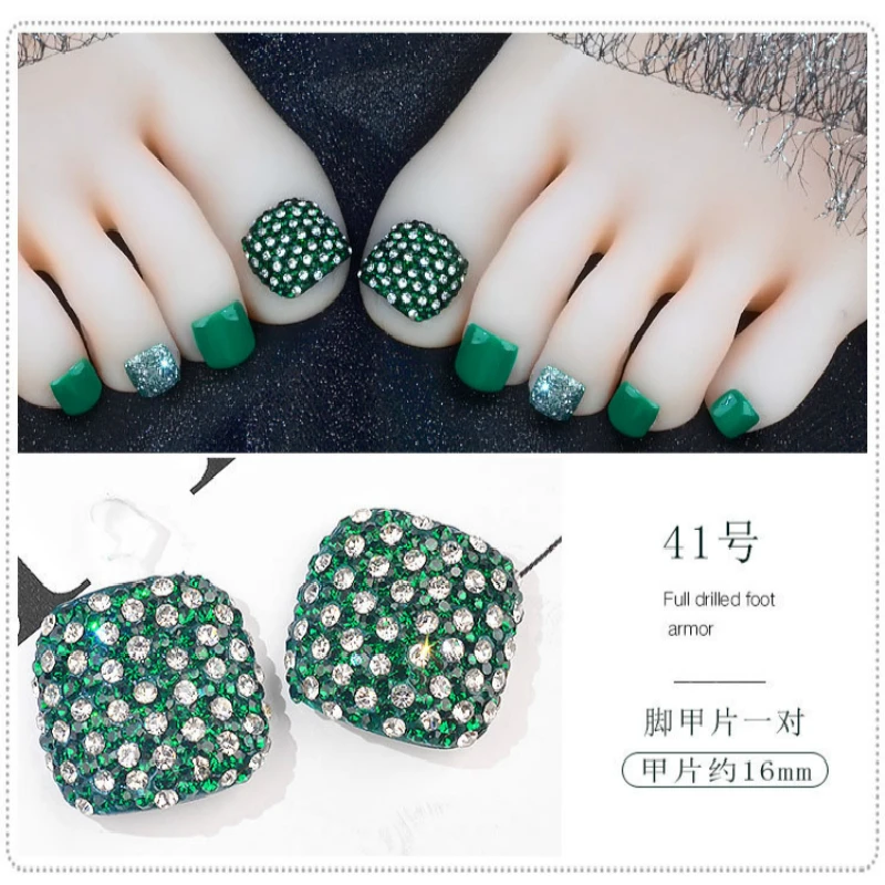 

2pcs Luxury Diamond-encrusted Fake Toenail Patches Fashion Glitter Sequins False Toe Nail New Design Nail Art Tips with Glue