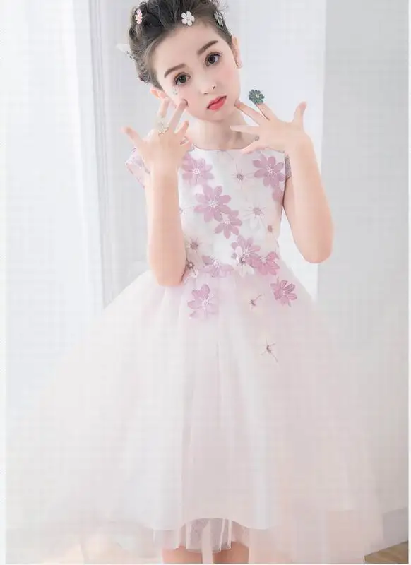 

Pink Flower Girl Dress Sleeveless Embroidery Fluffy Gauze High Low Birthday Party Dress Children Clothing 3-11T E9753