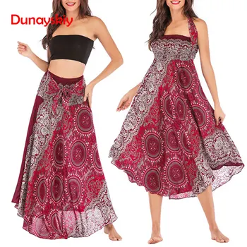 

Beach Ethnic Style Swing Skirt Women Long Hippie Bohemian Gypsy Boho Flowers Elastic Waist Floral Halter Skirt