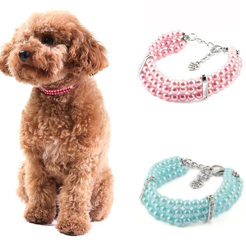 

3 Rows High Quality Imitate Pearl Necklace Linked Beads Pet Dog Ornament Puppy Collar Metal Little Heart Necklace