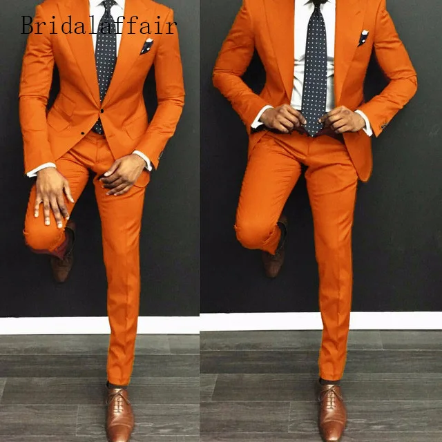 

Bridalaffair Latest Coat Pant Designs Orange Men Suit Casual Slim Fit 2Pcs Tuxedo Tailor Groom Prom Party Blazer (Jacket+Pants)