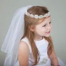 Новинка года, Высококачественная Белая элегантная фатиновая короткая вуаль, veu de noiva longo, вуаль с цветочным узором для первого причастия для девочек, длина 1 метр