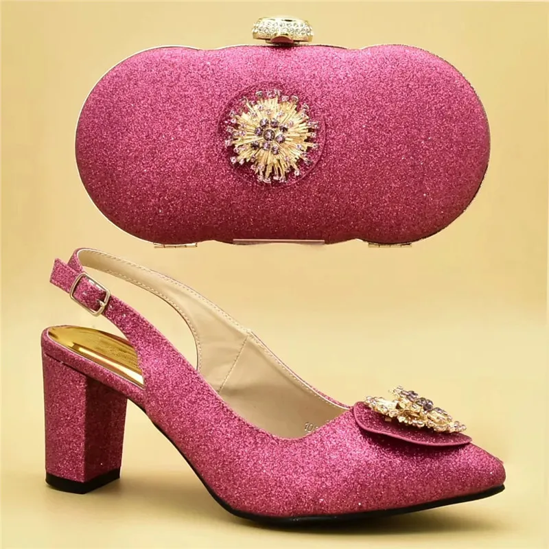 Новейший розовый цвет Итальянская обувь с сумки в комплекте, Размер 38–43 Африканка итальянка комплект из туфель и сумочки в тон, украшенные вечерние туфли со стразами