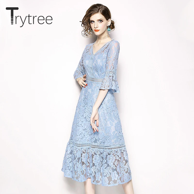 Trytree летнее осеннее платье элегантное кружевное повседневное однотонное синее с