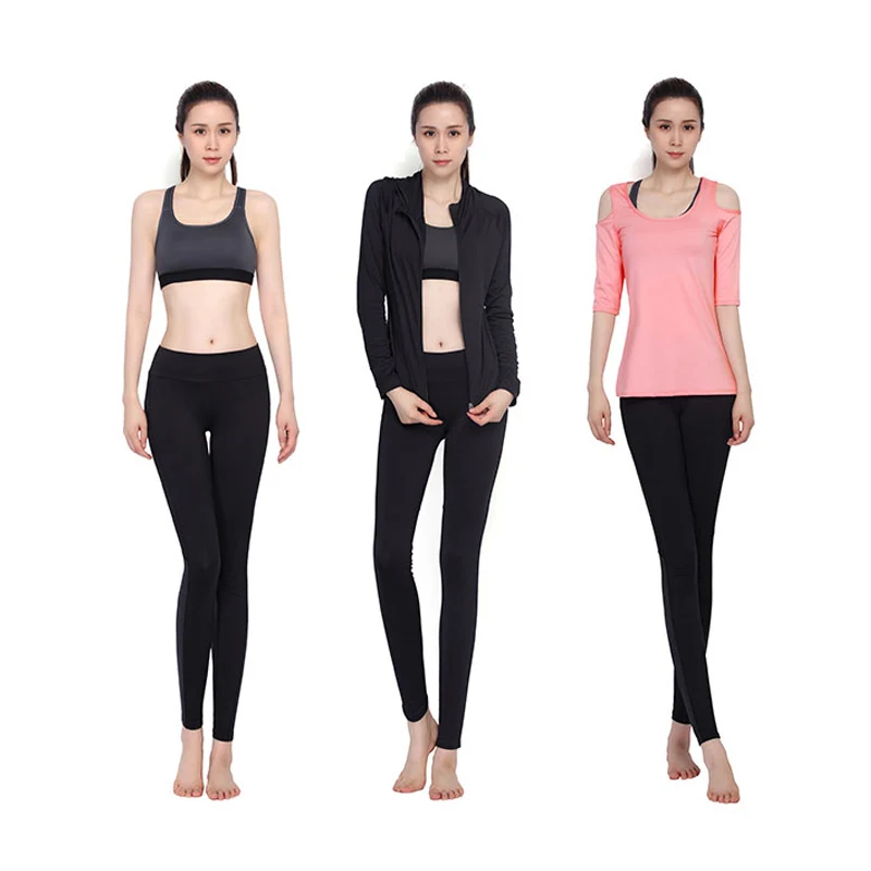 

New Yoga Set Women Black Gym Clothes Strapless Long Sleeve T-Shirts+Bra+Pant+Jackets 4 Pcs Fitness Breathable Running Sport Suit