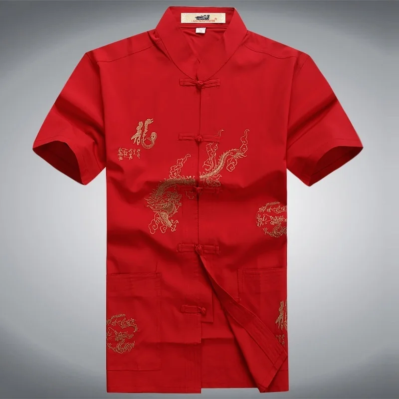 

Summer Short Shirts Traditional Chinese Mens Red Black White Kung Fu Martial Arts Uniform Shirt Dragon Embroidered Top