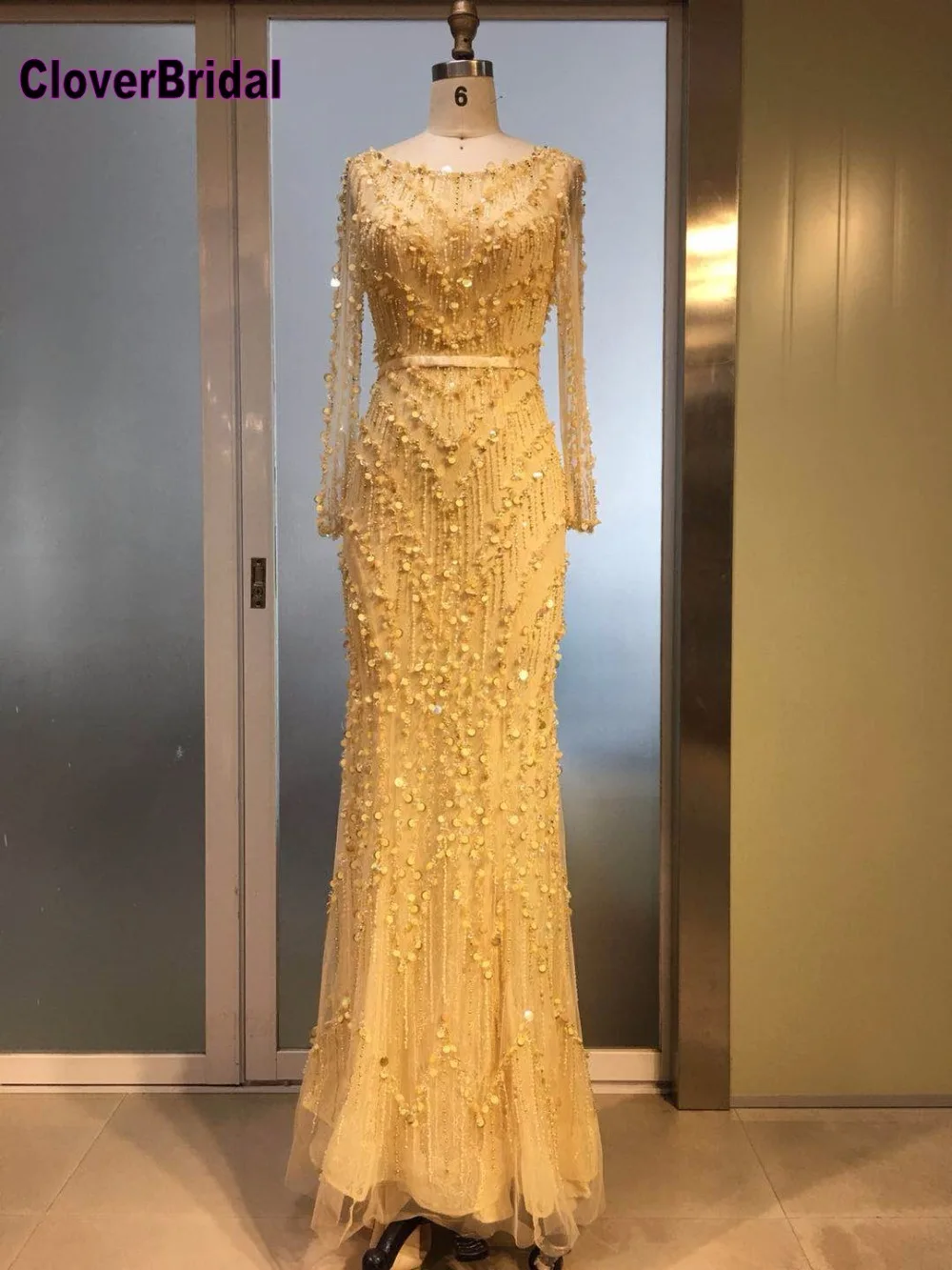 CloverBridal High quality gold long sleeves sexy deep low V back evening dresses long 2017 silver high-end dress luxury stones CloverBridal High quality gold long sleeves sexy deep low V back evening dresses long 2017 silver high-end dress luxury stones