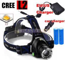 6000 Lumens Headlight T6 headlamp CREE XML-L2 zoomable LED Head Lamp Rechargeable led head light+2x 18650 +AC/Car charger