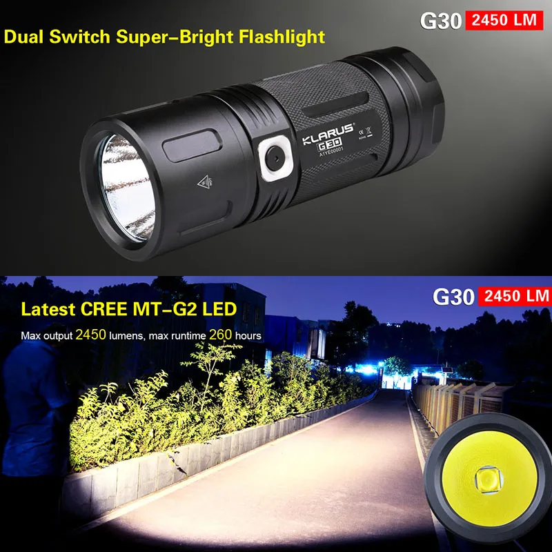

LED Flashlight KLARUS G30 CREE MT-G2 LED 2450 lumens dual switch waterproof torch for outdoor sports with batteries