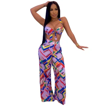 

Summer Autumn Women Two Piece Set Top and Pants Plus Size Tracksuit Sweatsuit Outfit Bandage Strapless Top and Wide Leg Pants