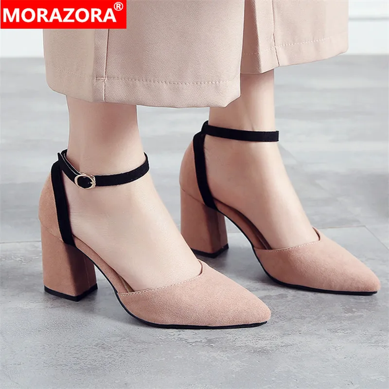 MORAZORA/ горячая распродажа; большие размеры 33-46; Туфли-лодочки; женская обувь; весенне-летние туфли из флока на высоком каблуке с острым носком; туфли для вечеринок с пряжкой