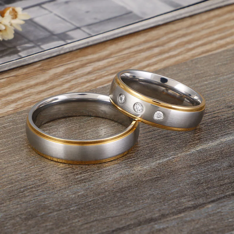 Matte Finished Silver&Gold Color Stainless Steel Couple Rings CZ Stones Wedding Rings for Women Men Anniversary Alliance Jewelry