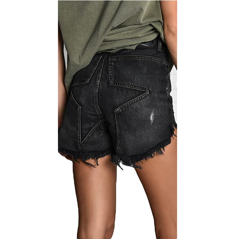 

Latest Design Woman Back Stars Pattern Black Washed Denim Shorts S-XXXL Big Size Bleached Ripped Tassel Details Wide Legs Jeans