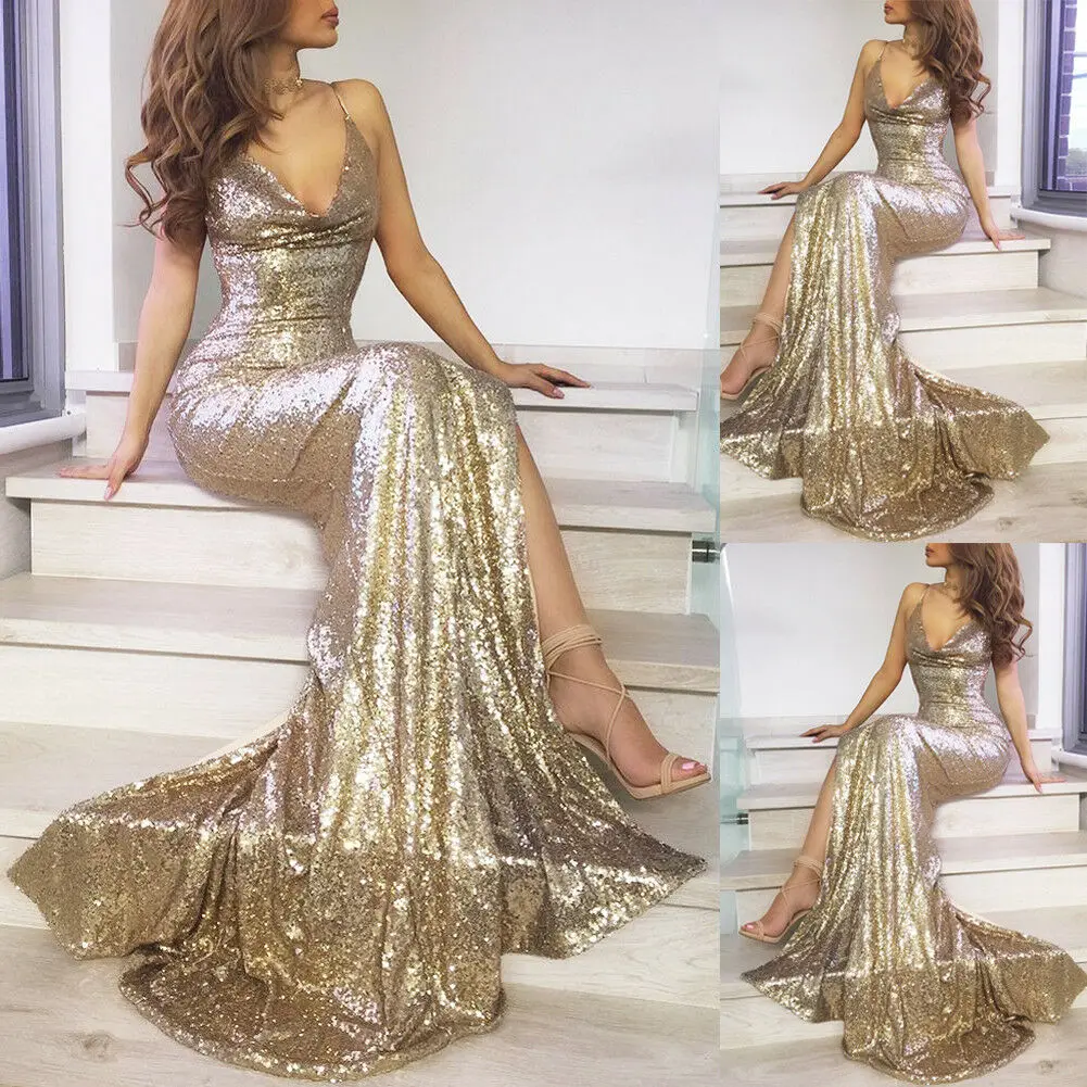 

Women Sequin Bling Deep V Maxi Dress Sexy Women Backless Side Split Party Long Dress Sexy