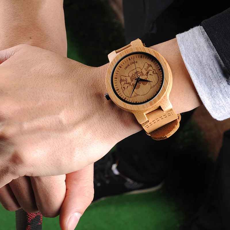 BOBO BIRD Simple Bamboo Watches 3D Print Icon Men Quartz Wristwatch with Leather Strap