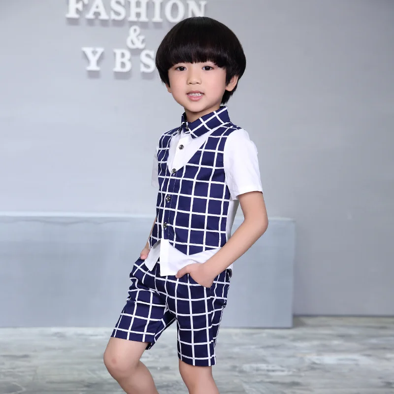 vest shorts 2pcs B Комплекты одежды для маленьких мальчиков коллекция года, новая летняя детская официальная одежда жилет с фальш-вставкой клетчатое пальто с поясом+ шорты Детский костюм для дня рождения из 2 предметов - Цвет: vest shorts 2pcs B