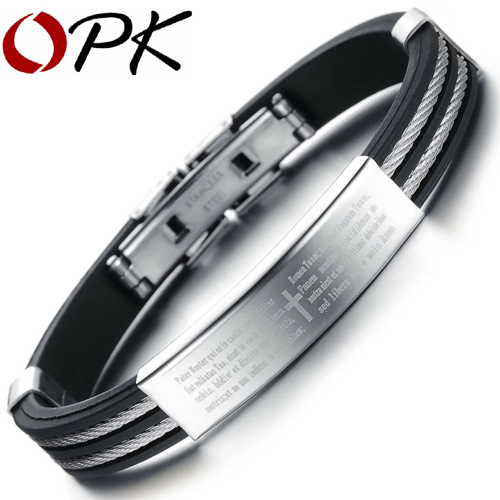 

OPK Holy Bible Cross Design Silicone Man Bangles Classical Black/Gold Color Stainless Steel Men Jewelry Bracelets PH842B