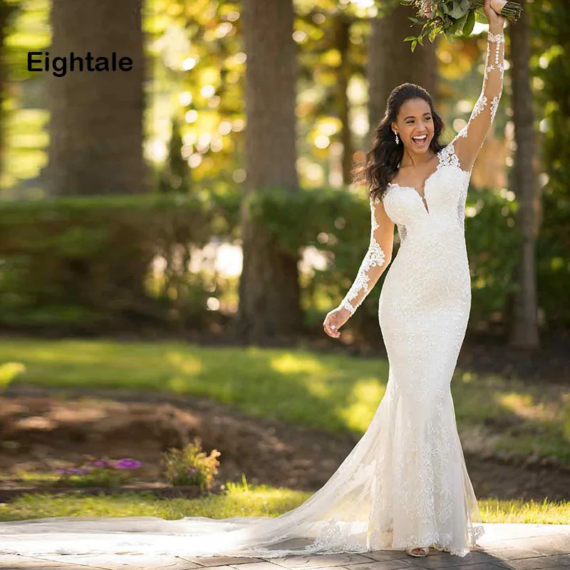 

Eightale Mermaid Wedding dress with Long Sleeves Appliques Tulle Backless Wedding Gowns Lace Bride Dress 2019 vestido noiva