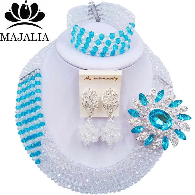 

Majalia Romantic Nigeria Wedding African Beads Jewelry Set Clear AB and Lake blue Crystal Necklace Bridal Jewelry Sets 5AS046