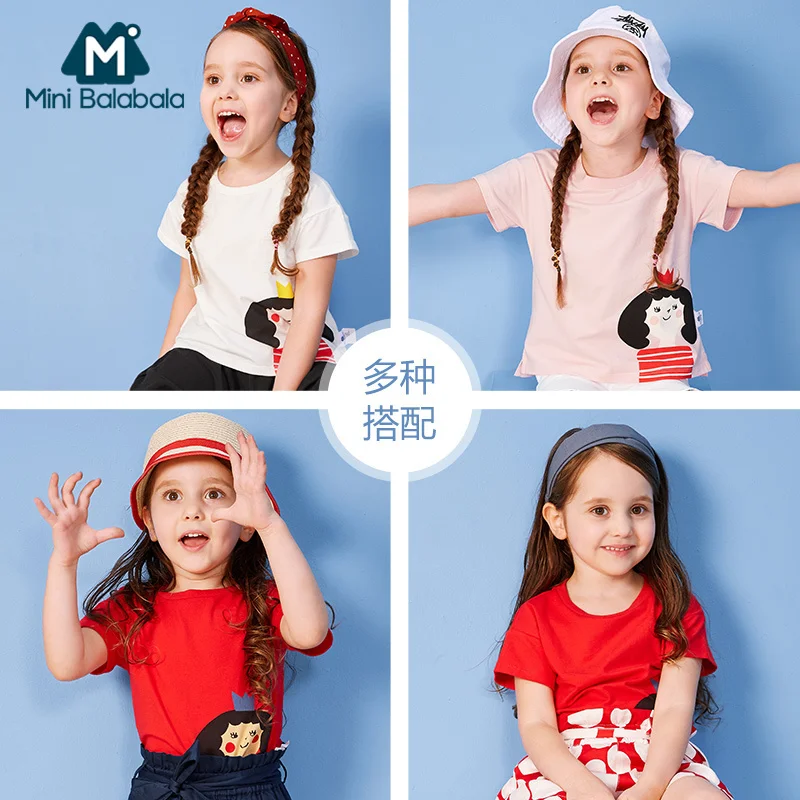Balabala/мягкая хлопковая футболка с короткими рукавами для девочек; детские летние топы; футболки в рубчик с круглым вырезом; Футболка с принтом для маленьких девочек