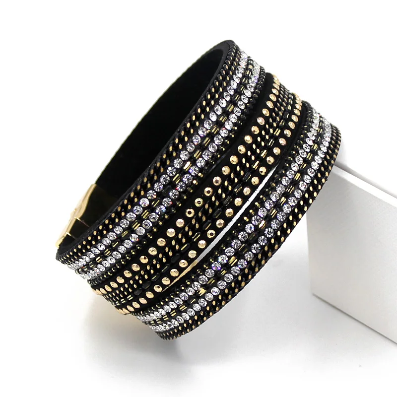 VONNOR Jewelry Woman Multi-layer Velvet Ribbon Rhinestone Chain Bangle Bracelet with Magnet Clasp Gold&ampGray Bracelets for Female |