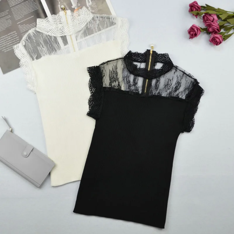 

La MaxPa Women Lace Top Zipper T-shirt Transparent Tops Ruffled Tshirt Short Sleeve Hallow Out Camiseta Feminina TEE k1853