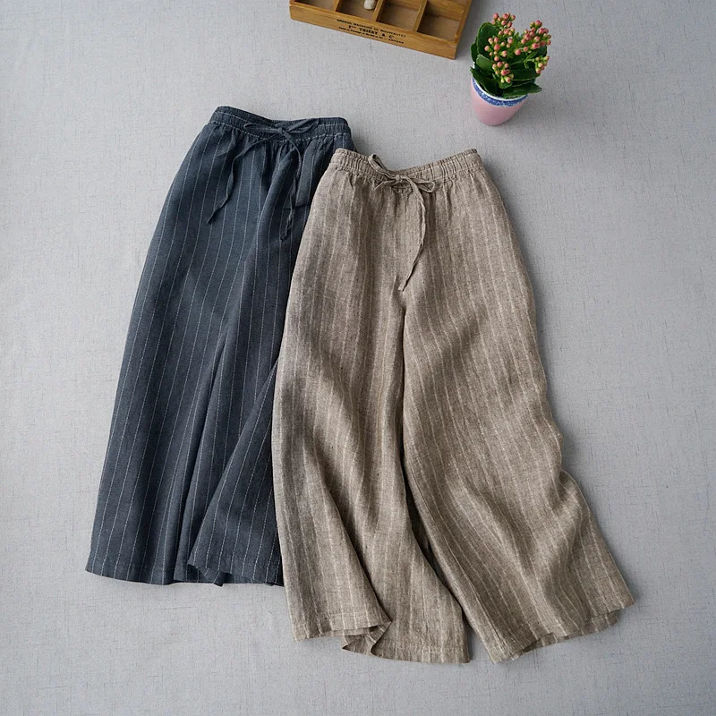 

Spring Summer Women Casual All-match Loose Plus Size Japanese Style Brief Stripe Linen Trousers Elastic Waist Wide Leg Pants