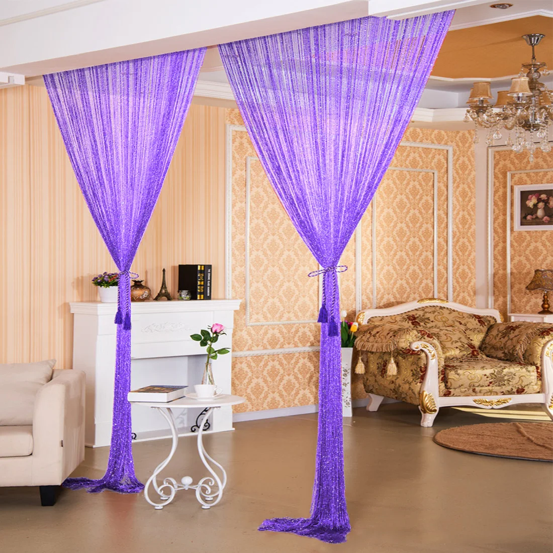 New Flash Silver Curtain Doors and Windows Separate Yarn Transparent Curtains Home Decorations Flashing Lines Shining Tassels - Цвет: Light purple